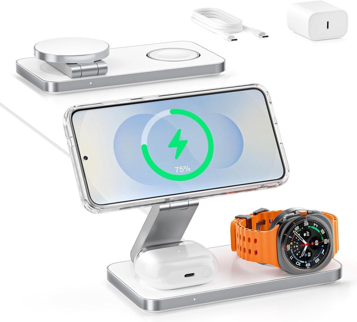 Draadloos 3-in-1 Oplaadstation voor Smartphones, Smartwatches en Draadloze Oordopjes, Compatibel met MagSafe en Galaxy Series, Snelladen en Ruimtebesparend Ontwerp