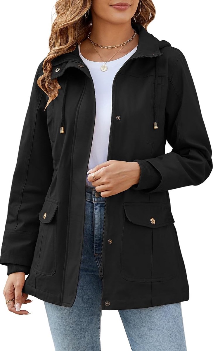 Overgangsjas voor dames, overgangsjas, katoen, opstaande kraag, mantel, parka, jas met capuchon met trekkoord, overgangsjas, bovenkleding voor lente, zomer, herfst