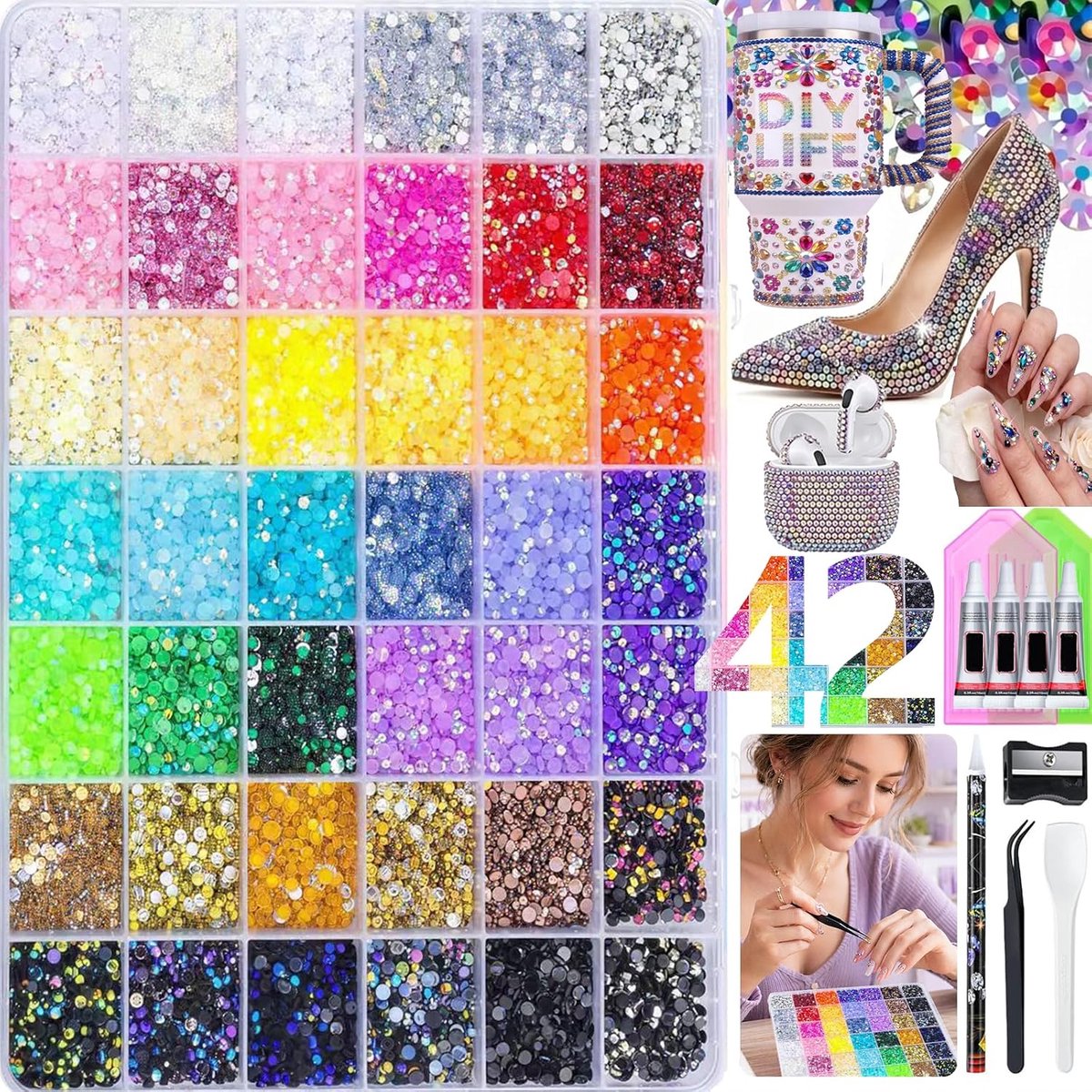 33.600-delige set strass-steentjes voor nagels, 42 kleuren, 3 mm glittersteentjes, inclusief pincet en waspotlood, platte jelly-strass-steentjes voor nail art knutselprojecten nagels diamond painting