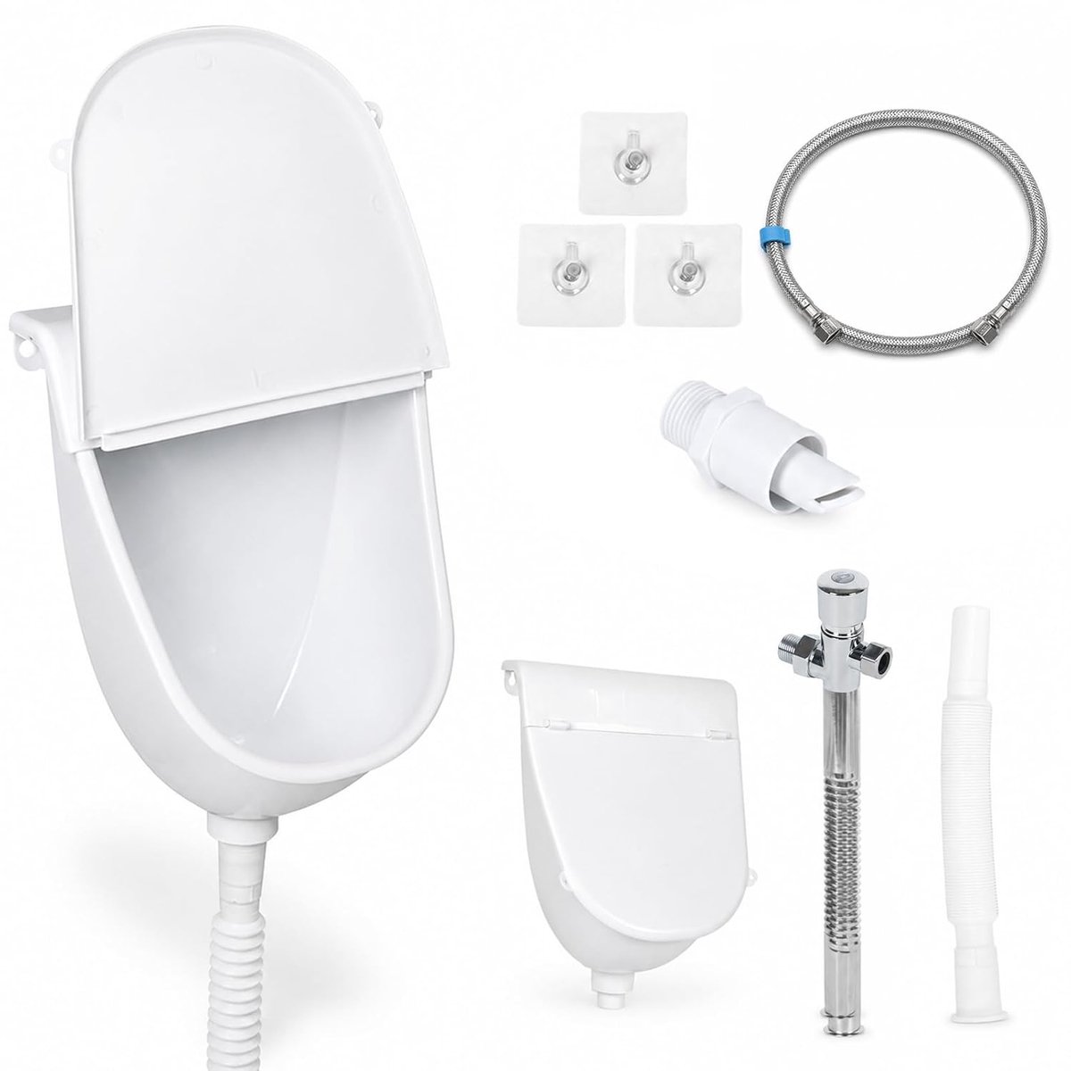 Urinoir met deksel, waterloos wandurinoir voor mannen zonder boren, spatwaterdicht kunststof urinoir met spoelventiel en afvoerslang, geurneutraal urinoir voor camper, camping, tuin (wit)