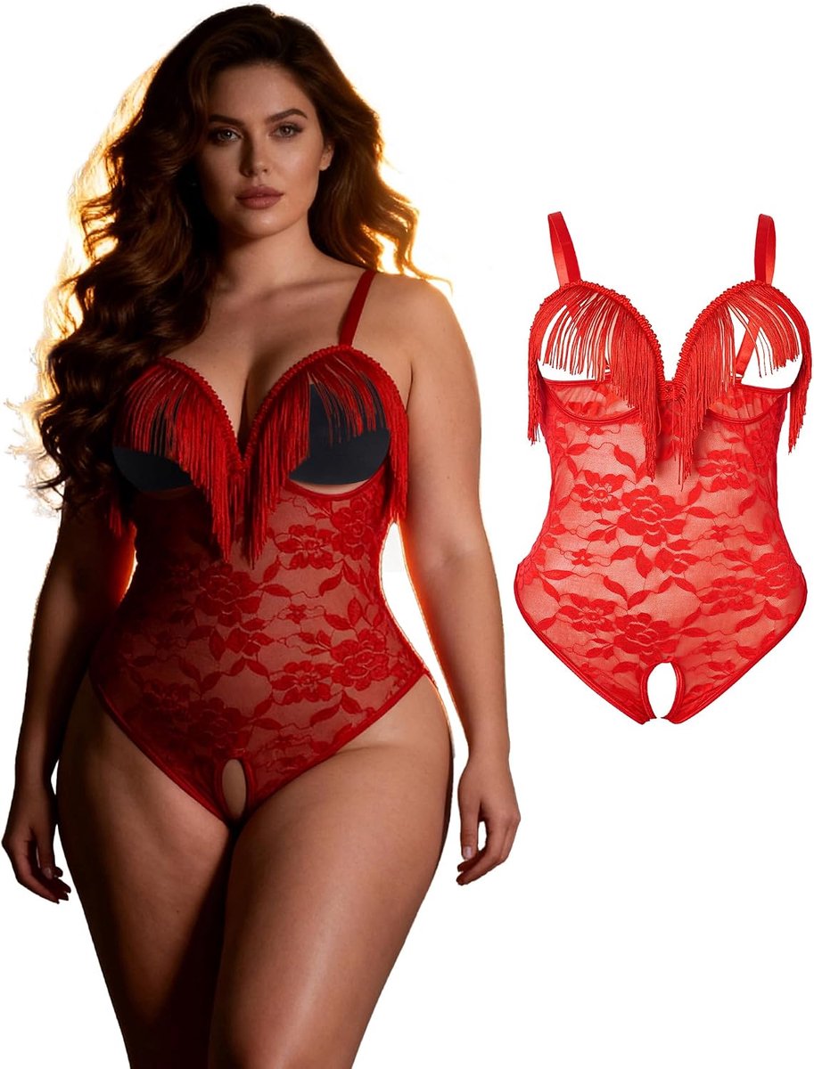 Body voor dames, grote maat, lingerie, kant, ademend, Rood, XXL