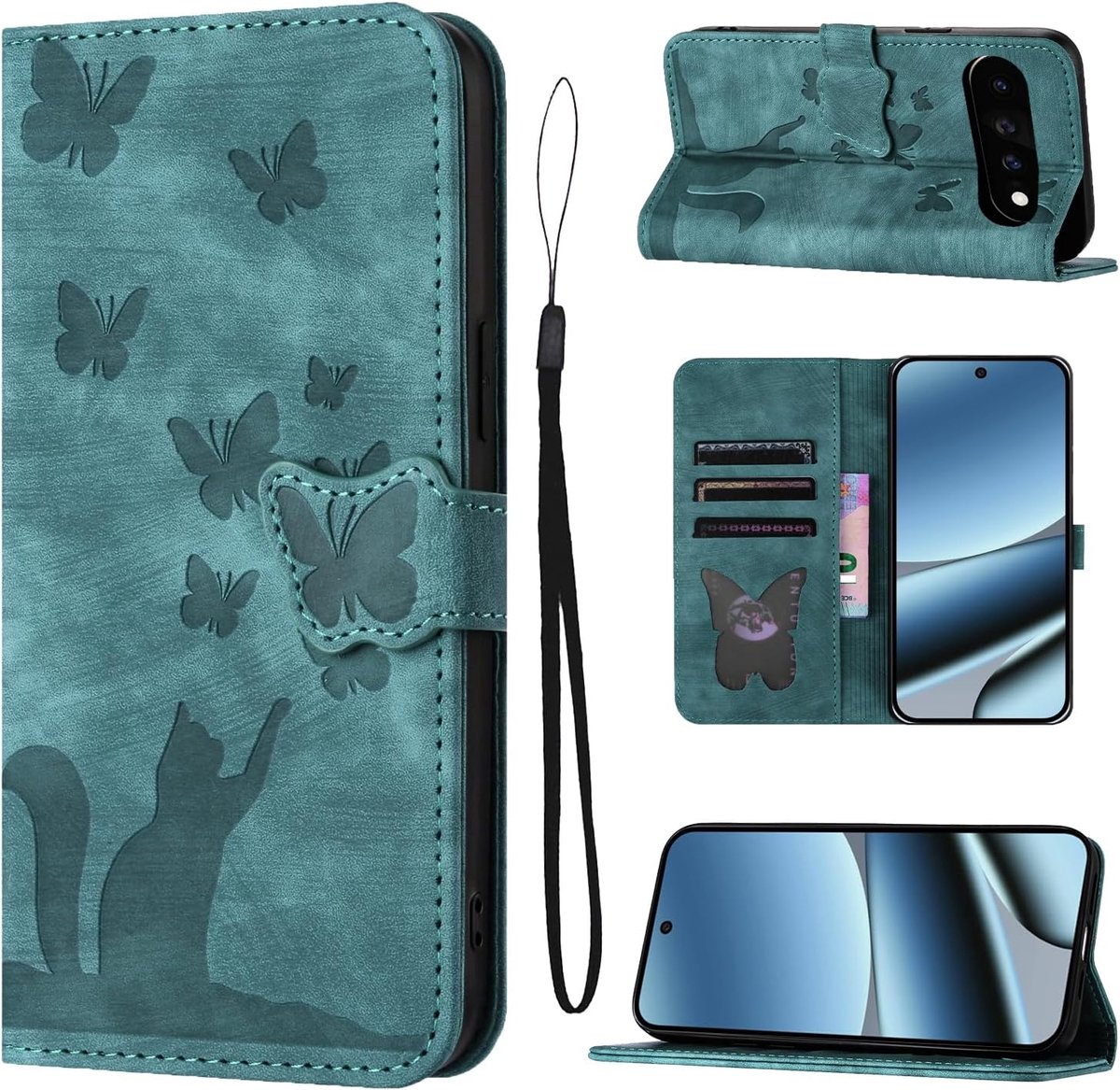 Telefoonhoesje voor Google Pixel 11 Pro, PU-leer, met kaartsleuven, beschermhoes, inklapbaar, flip case, standfunctie, groen