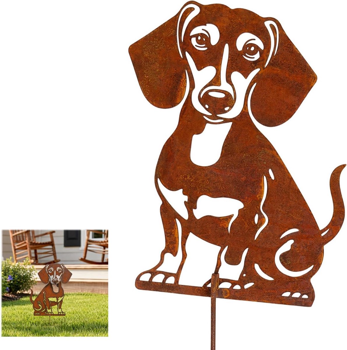Tuinplug, roestdecoratie, hondenbeeldjes, tuindecoratie, metalen