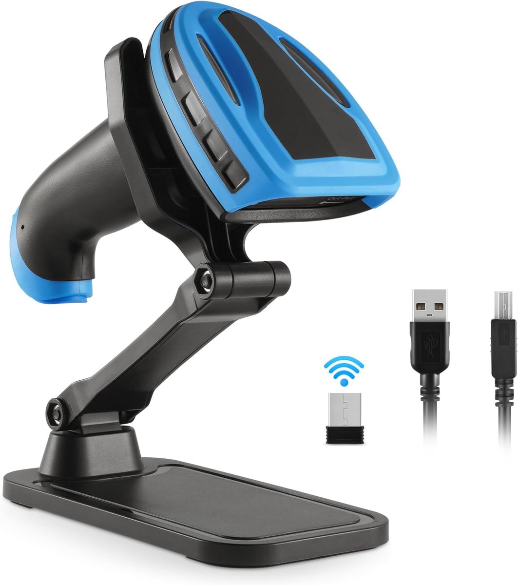 Barcodescanner draadloos, oplaadbare 1D laser draadloze scanner, handscanner, draadloos, veelzijdig, 2-in-1, 2,4 GHz en USB 2.0