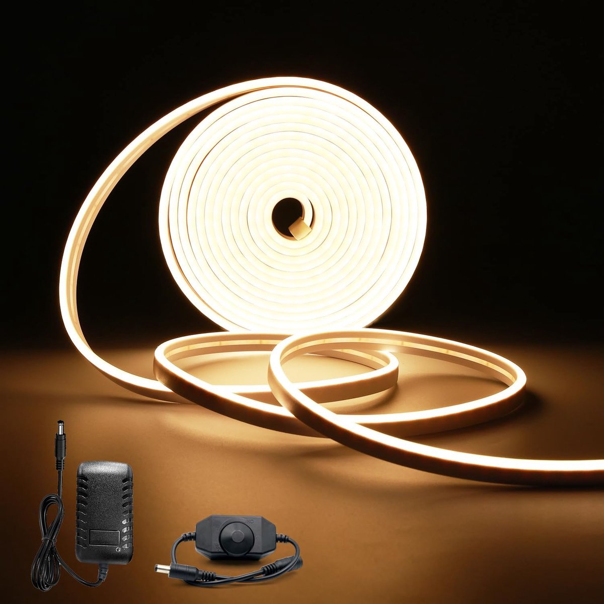 Neon LED Strip Warm Wit 5m 12V, 3000K LED strepen 120LEDs/M dimbaar, met dimmer en adapter, IP65 Waterdichte, Siliconen DIY Flexibele lichtband Voor binnen- en buitendecoratie