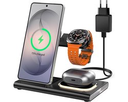 3-in-1 laadstation voor Samsung inductief laadstation (opvouwbaar en nachtlampje) | Draadloze oplader voor Samsung S26 Ultra-S10/Z Fold Flip8, reislader voor Galaxy Watch 8-1/Buds 4, (niet voor Watch 9/Ultra2)