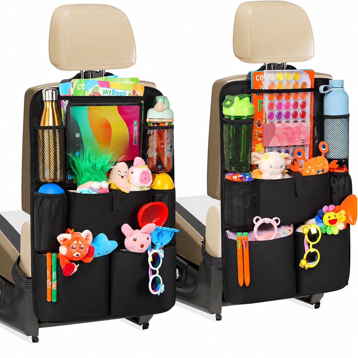 Autostoel Organizer - Auto-organizer voor Achterbank met Klaptafel en Tablethouder - Rugleuningbescherming en Achterbankbeschermer 42 × 61 cm - Met Opbergvakken en Flessenhouders - 2 Stuks - Zwart