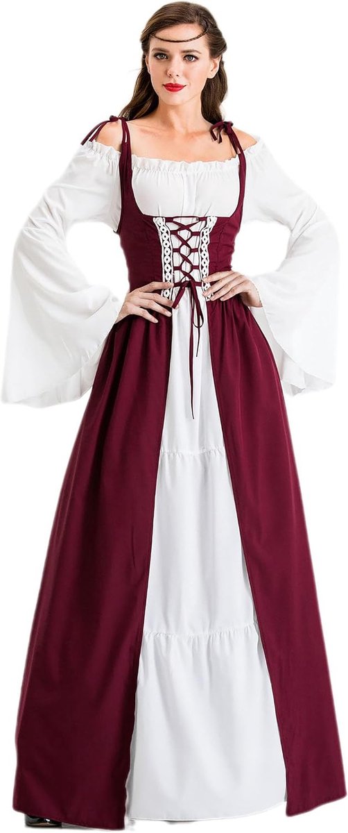 Jurk voor dames, middeleeuwse jurk met trompetmouwen, middeleeuws, Victoriaans koninginnenkostuum, maxi-jurk