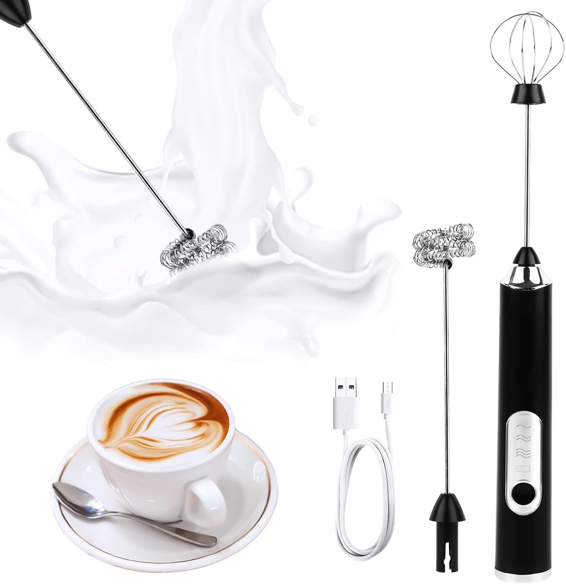 Elektrisch, roestvrij staal, elektrische garde, USB-oplaadbaar, geschikt voor koffie, cappuccino, melkkoffie, warme chocolade (twee soorten mengkoppen)