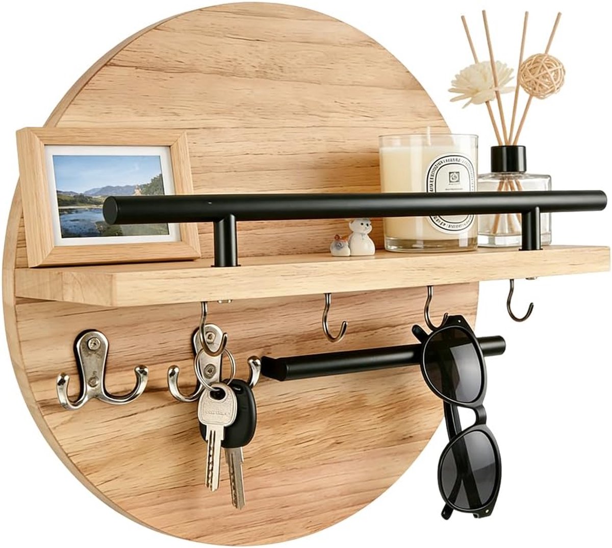 Sleutelrek met plank, ronde sleutelhouder, vintage hout met opbergruimte, decoratief houten wandrek, sleutelhouder voor hal, decoratie (houtkleur, 30 x 30 x 12 cm)