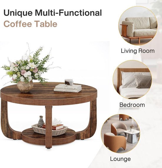 Ronde salontafel, 2-traps ronde salontafel met opbergruimte, 80 cm, moderne accenttafel van hout voor de woonkamer, dik tafelblad en basis, rustiek bruin — afbeelding 5