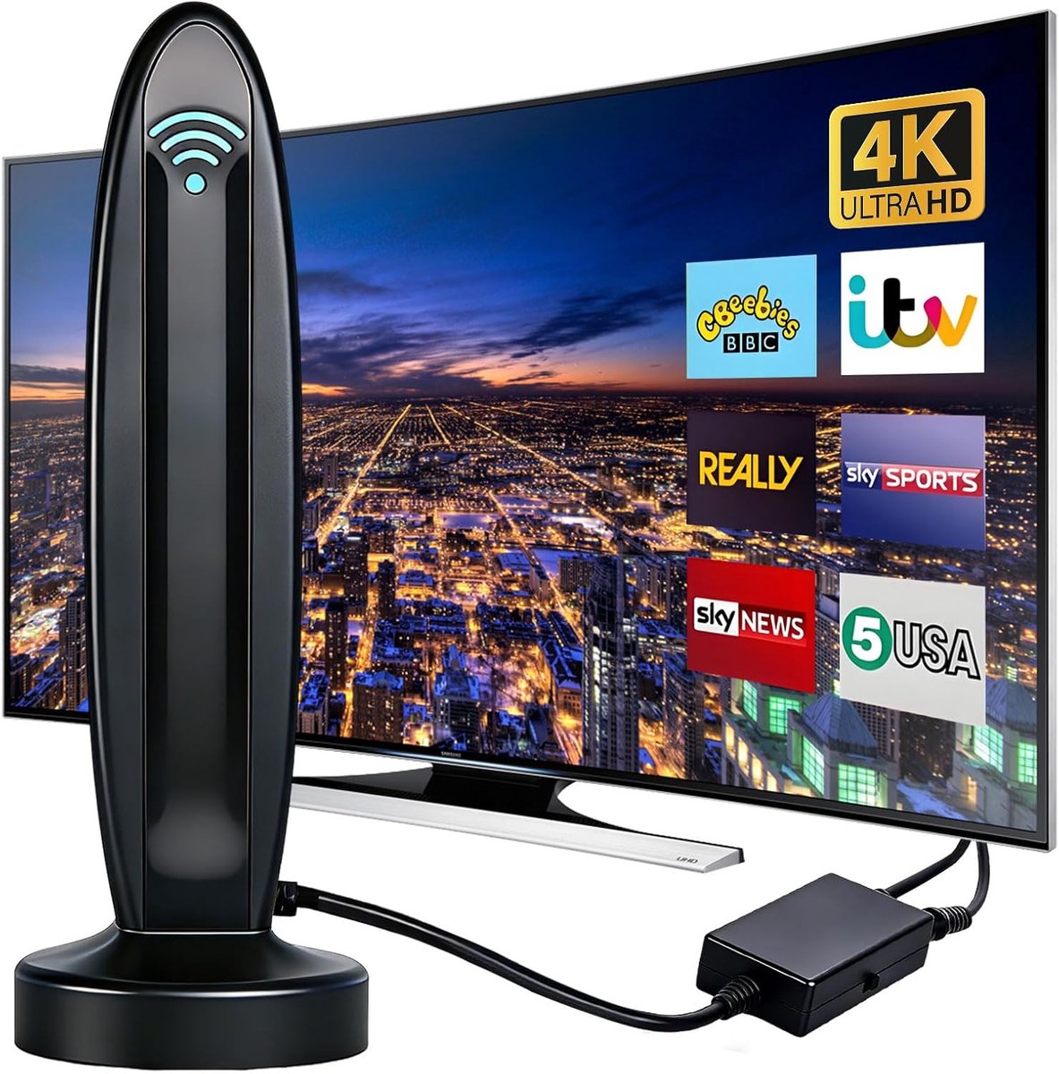 TV-antenne, 650+ mijl bereik tv-antenne met signaalversterker, digitale HD-tv-antennes ondersteunen 4K 1080P lokale zenders met 5,5 m HD-kabel