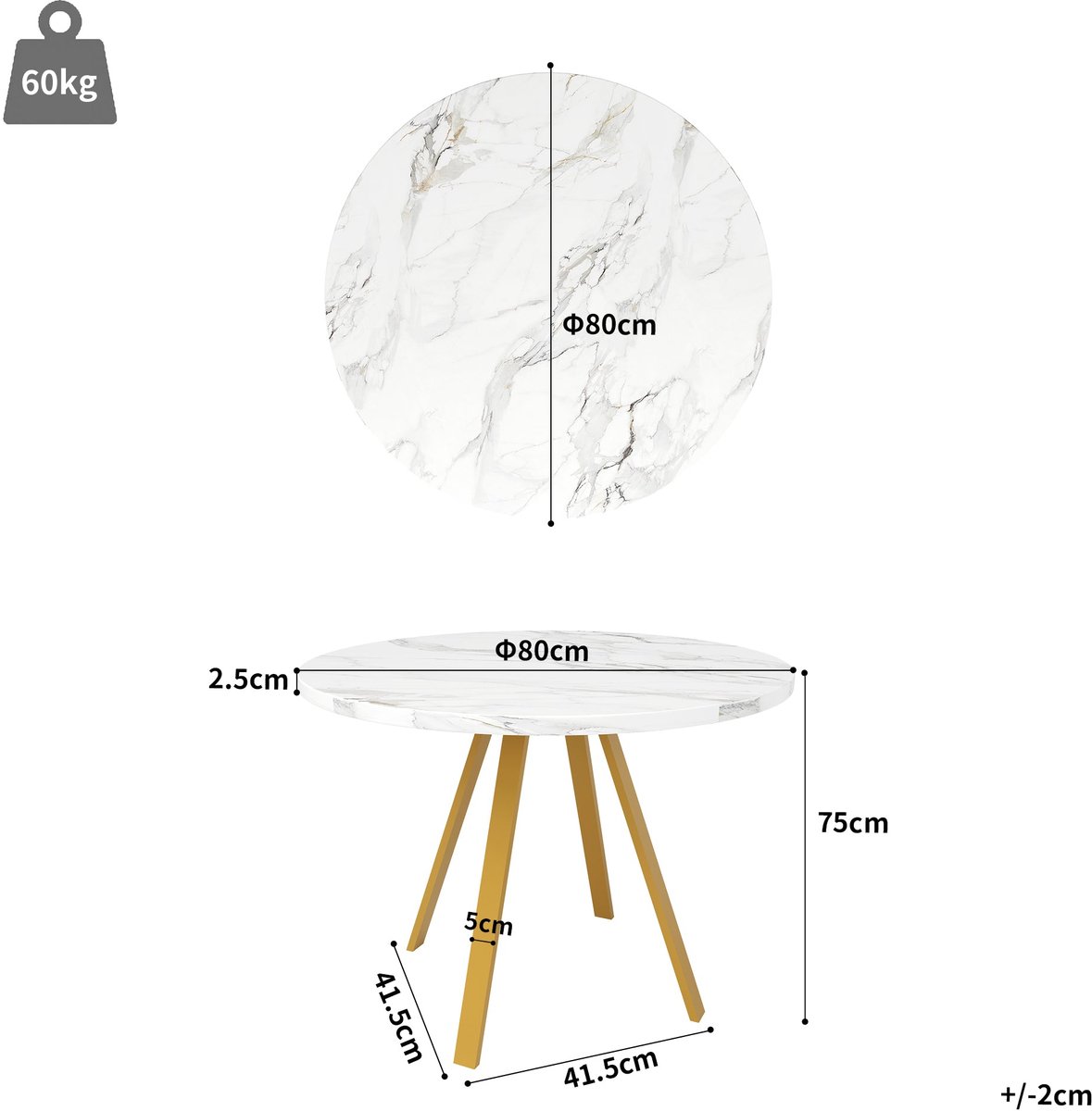 Merax Ronde Eettafel 80 x 80 x 75 cm - Marmerlook Wit Tafelblad - Goudkleurige Metalen Poten - Keukentafel - Woonkamer Tafel - Voor 4 Zitplaatsen