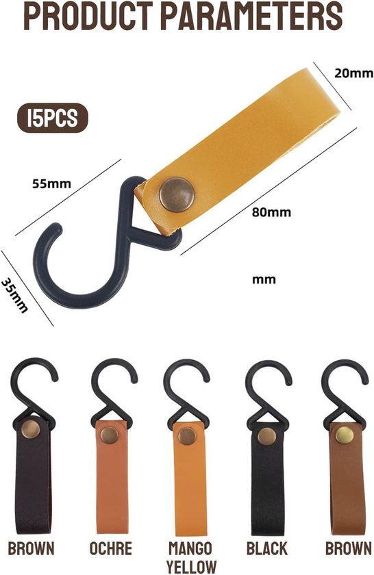15 Pcs Leather S Hooks with Buckle, Camping Hooks Leather S Shape Pram Hook for Jackets, Towels, Bathroom - ShopVlot — afbeelding 5