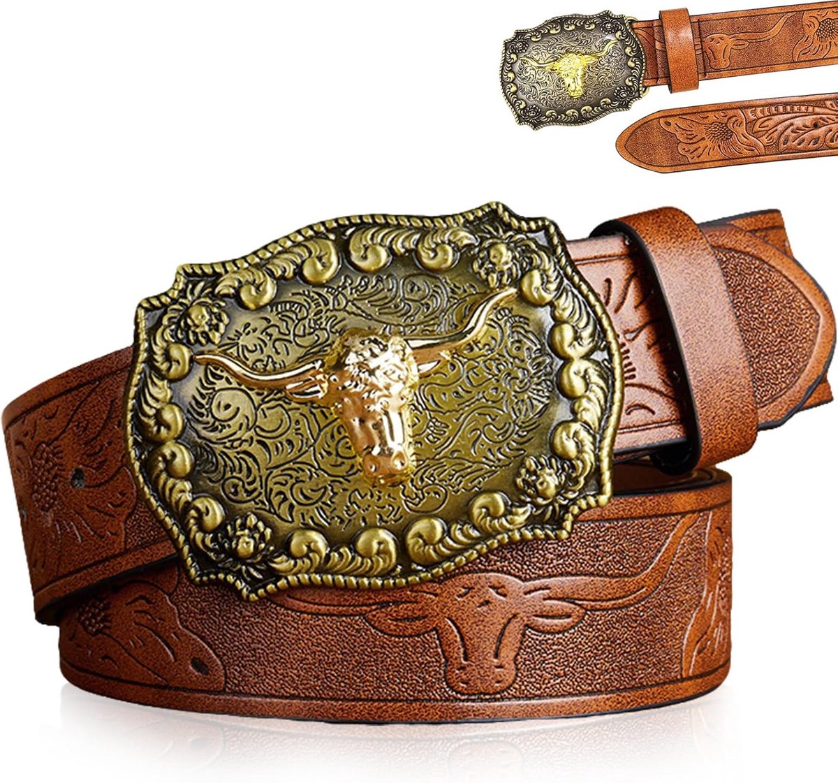 Riem Bloemmotief In Reliëf Met Longhorn Bull Gesp, Verstelbare Retro Cowboyriem Van Leer Met Stierenkopgesp Voor - ShopVlot