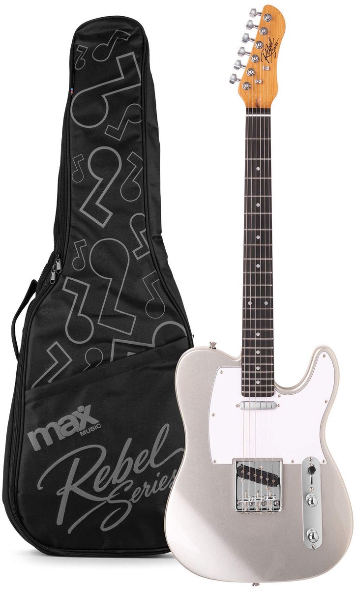 Elektrische gitaar - MAX Rebel TE - Met online muziekcursus - Roasted maple hals met 22 frets - Incl. gitaartas - Metallic Silver