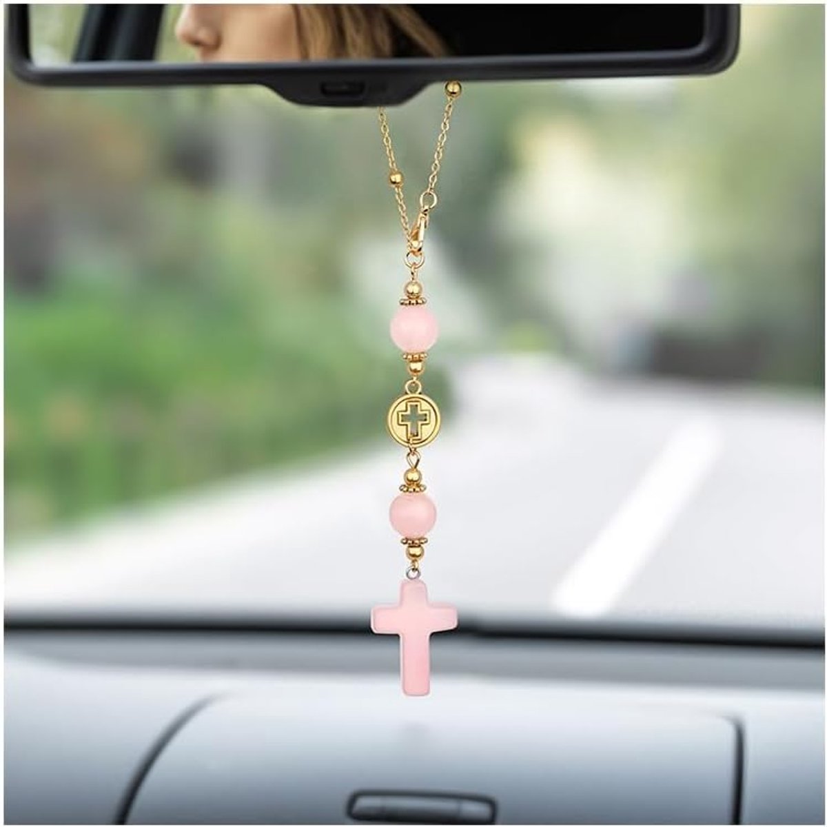 SnelShoppen - Auto hanger voor spiegel met kristal en kruisbeeld, decoratieve achteruitkijkspiegel sieraad, elegant kruis ornament voor interieurdecor