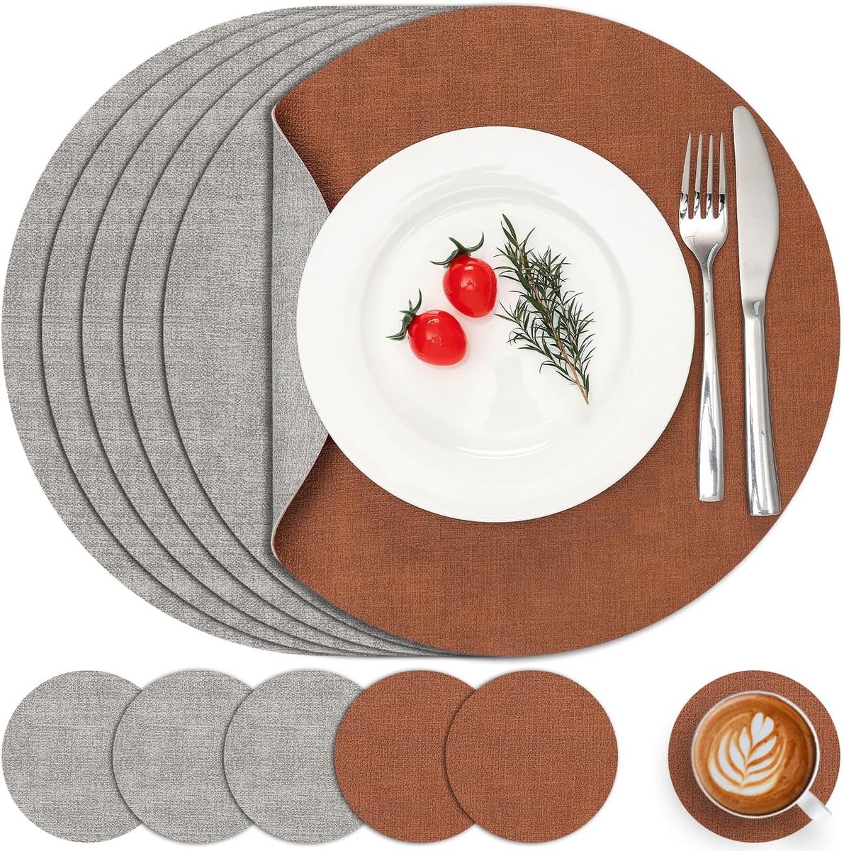 Myir JUN Leather Placemat Round and Coasters,Table Mats Waterproof Wipeable Double Sided Place Mats Coffee Mats - ShopVlot