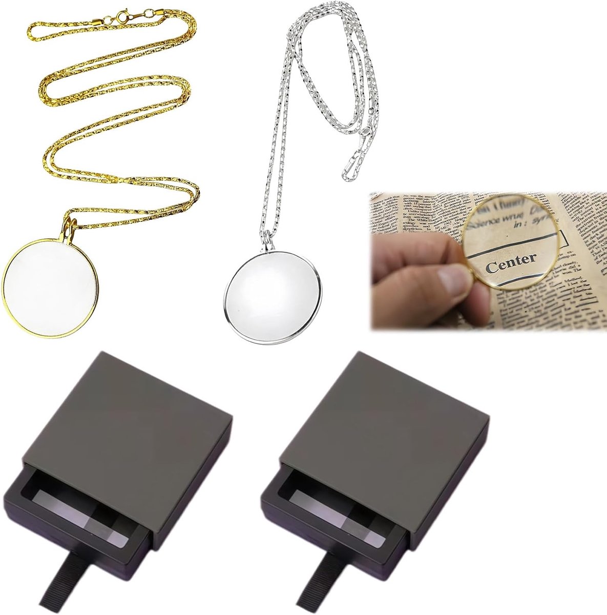 vergrootglas hanger ketting 5x monocle lens - vintage stijl - zilver en goud - ideaal voor lezen - SnelShoppen