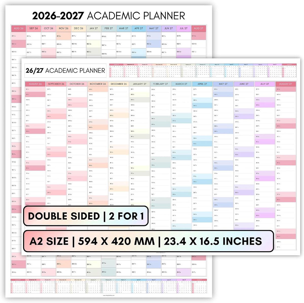 Academische muurplanner A2 - kleurrijke jaarplanner poster - dubbelzijdige 2-in-1 wandkalender - SnelShoppen