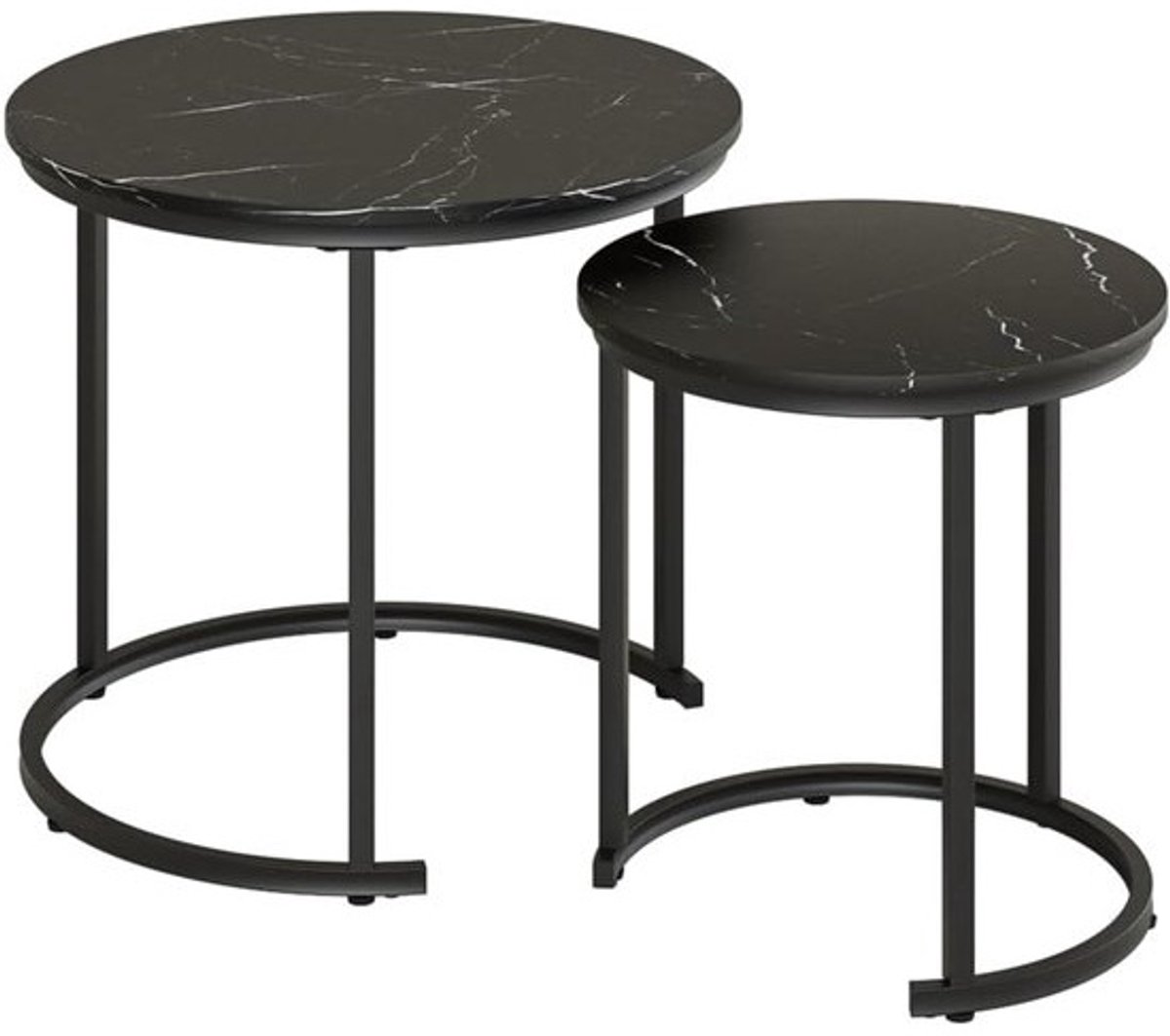 Set van 2 ronde salontafels - Zwart met marmerlook - Met metalen poten