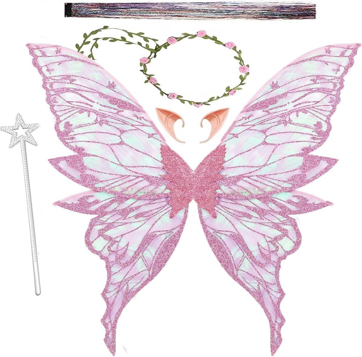 Betoverende Vlindershaped Feewings voor Volwassenen en Kinderen met Elf Oren, Geschikt voor Verjaardagsfeesten, Carnaval en Cosplay, Roze Accessoires voor Halloween