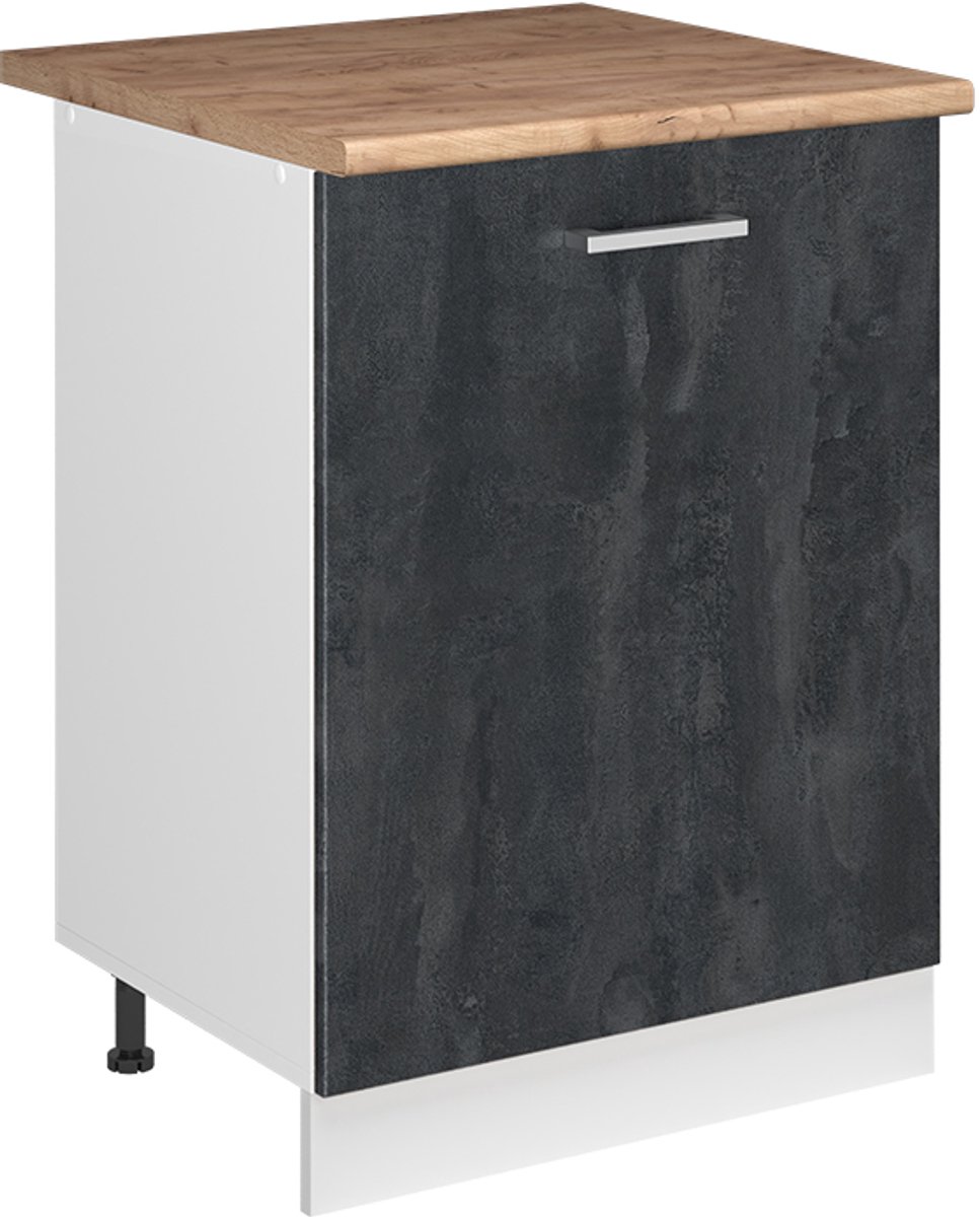 Vicco Keukenonderkast R-Line, Zwart beton/Wit, 60 cm met 1 deur goudkleurig eiken werkblad