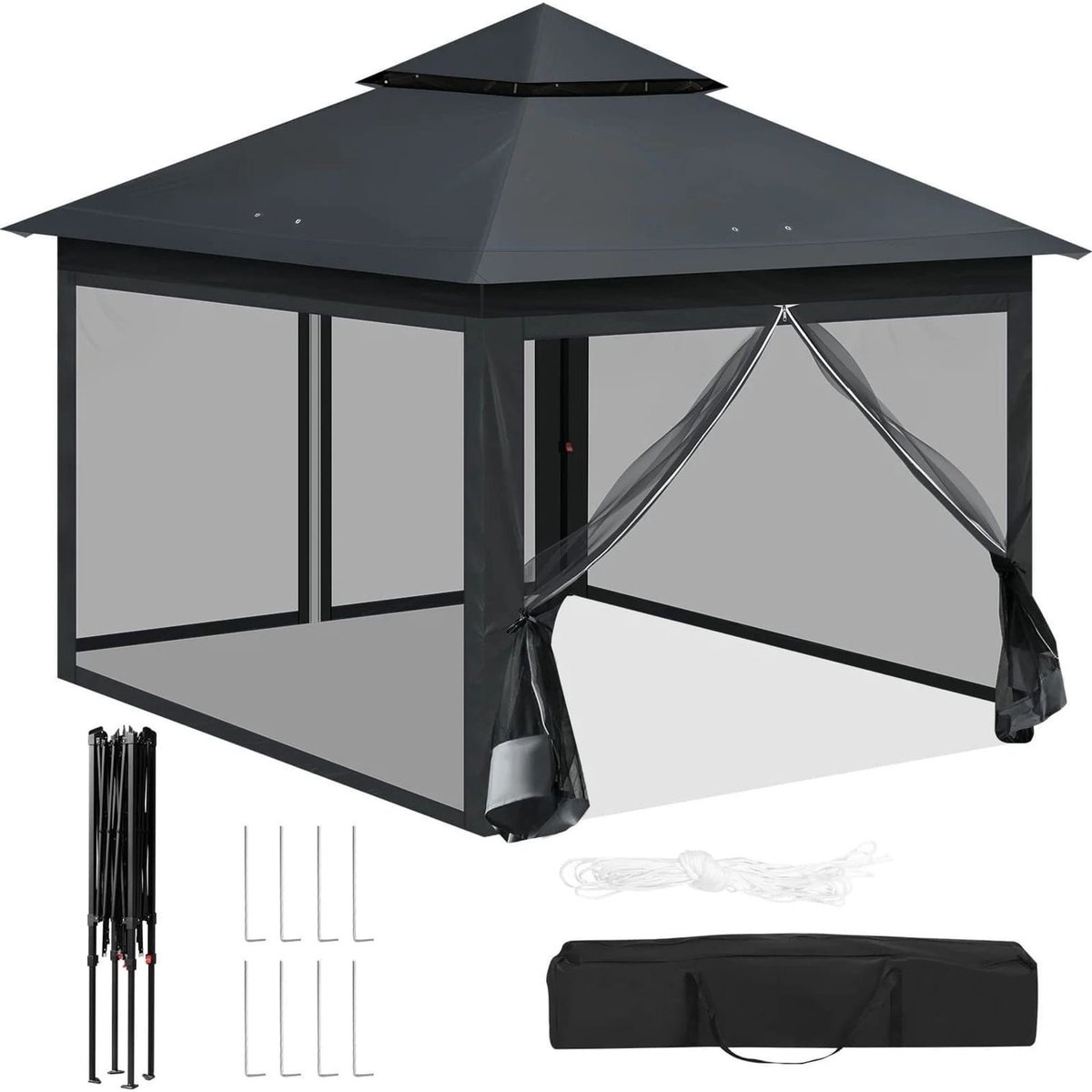 Klarven® Partytent Antraciet - Volledig Waterdicht, Muggennetten tegen Insecten, UV-bescherming en Verstelbare Hoogte voor Optimaal Buitencomfort - 3 x 3 m