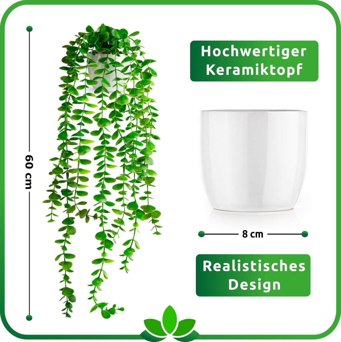 Kunstmatige eucalyptus 60 cm - witte keramische pot - hangplant - realistische uitstraling - Luxento
