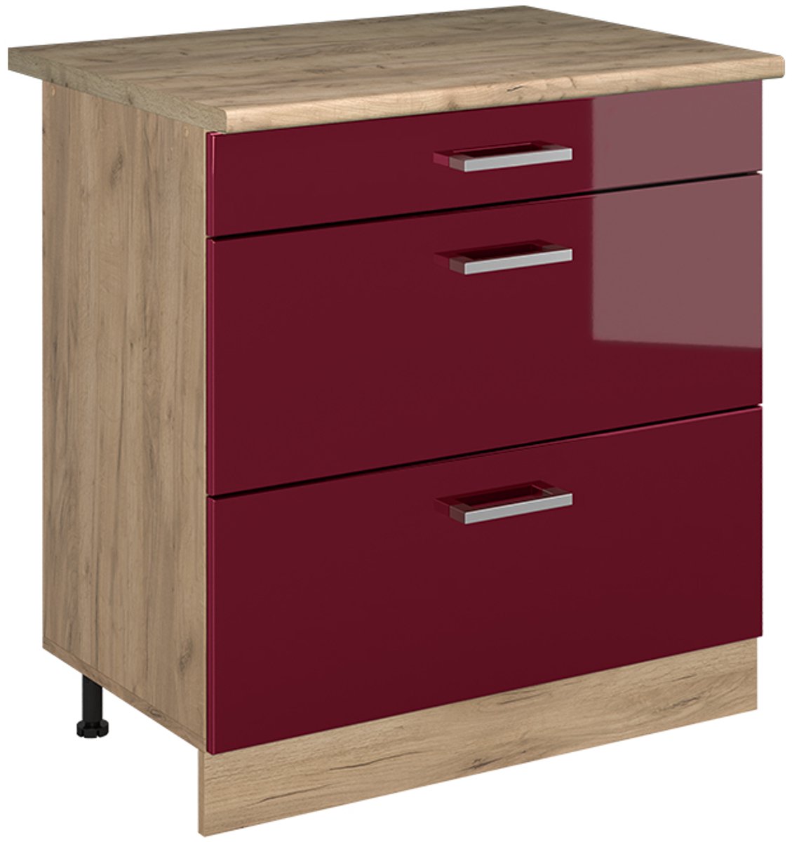 Vicco Keukenonderkast R-Line, Rode hoogglans/Goudkleurig Eiken, 80 cm met 3 laden goudkleurig eiken werkblad