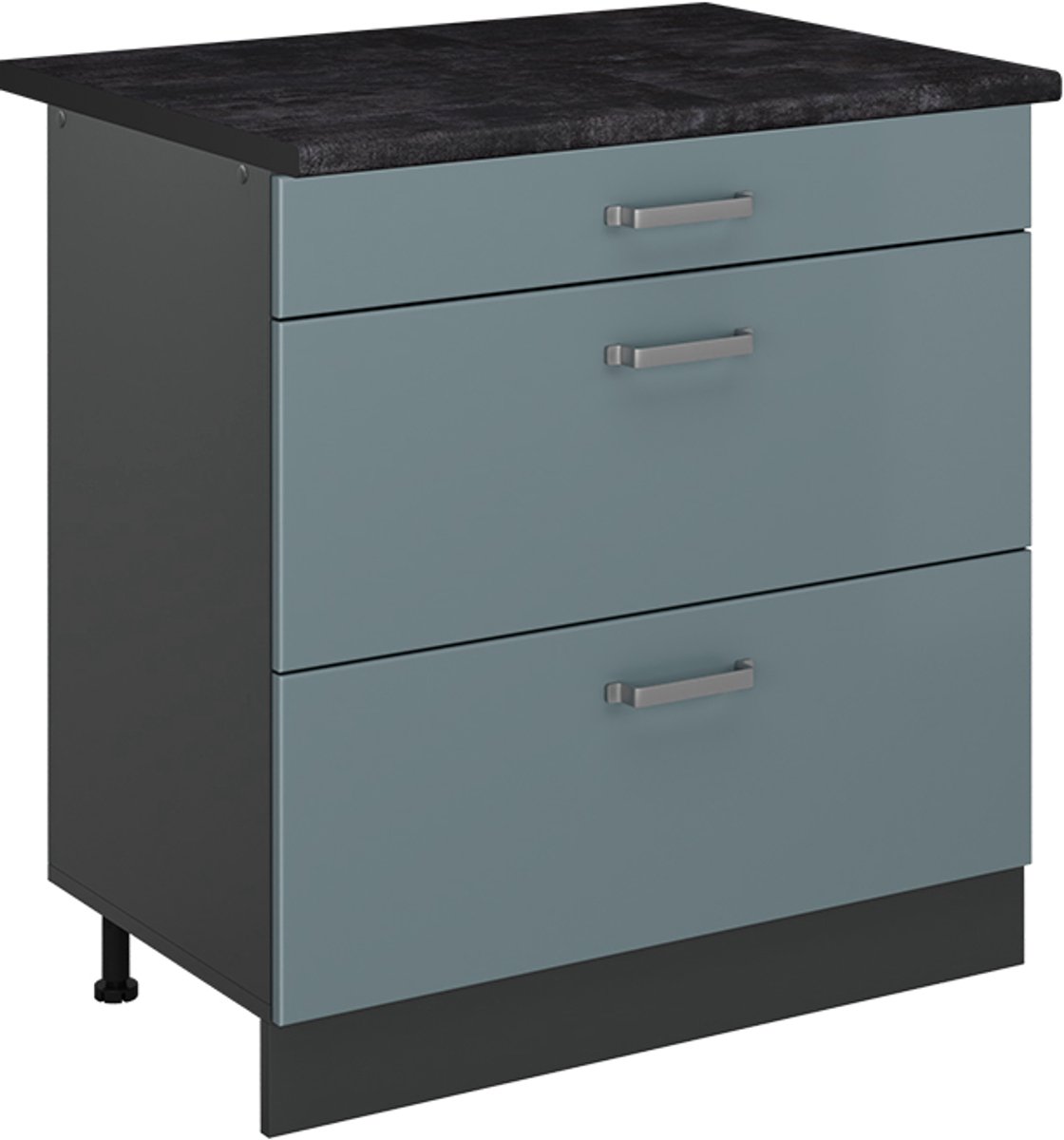 Vicco Keukenonderkast R-Line, Blauw-grijs/Antraciet, 80 cm met 3 laden antraciet werkblad