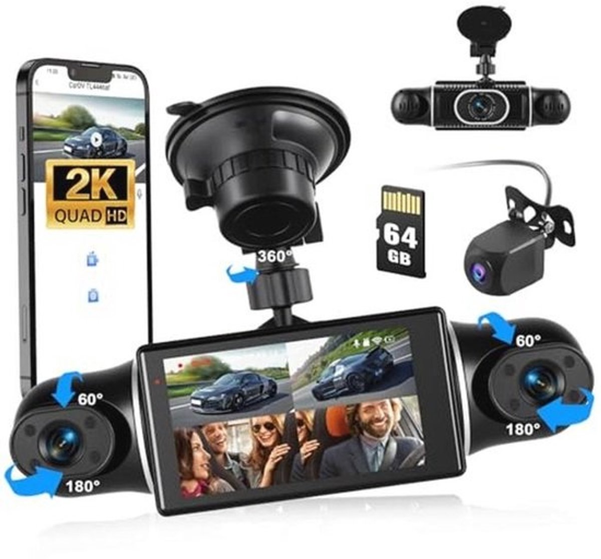Mini-dashcam voor voertuigen - 4 lenzen - 2K-resolutie