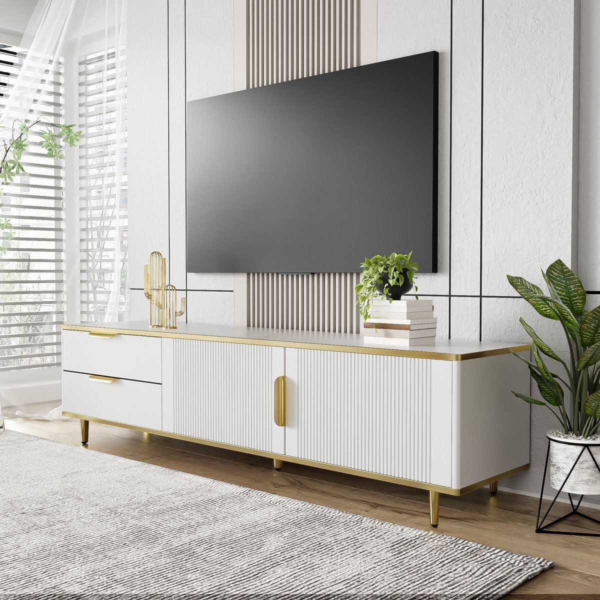 WUVRIE TV-meubel 170 x 37 x 45 cm - 2 lades en 2 deuren - Wit/goud