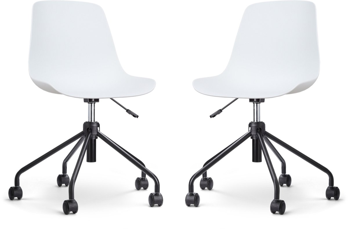 Nolon Nout-Pip Bureaustoelen Set van 2 Wit - Kunststof Zitting - Verstelbaar - Wieltjes - Zwart Onderstel Wit - Zwart onderstel