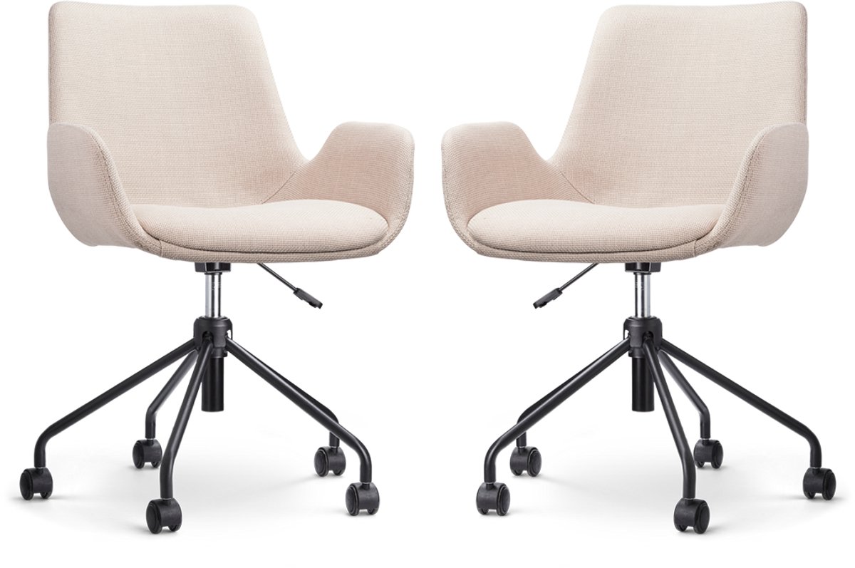 Nolon Nout-Eef Bureaustoelen Set van 2 Beige - Stof - Verstelbaar - Wielen - Zwart Onderstel - Lage Armleuning - Modern - Design Beige - Zwart onderstel