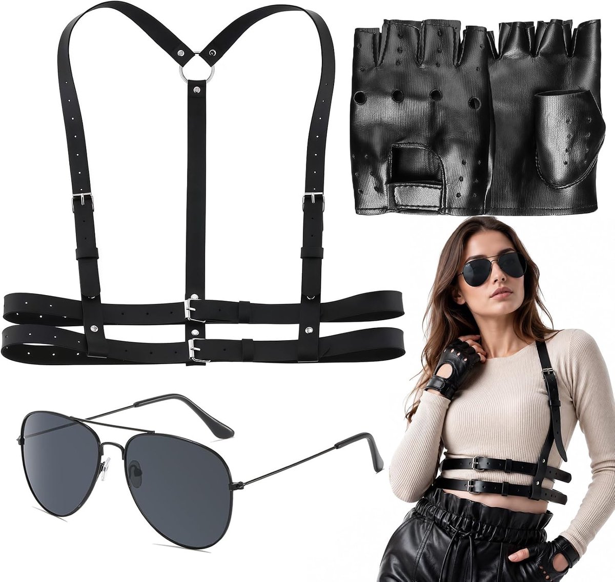 Lara Croft kostuum, cosplay - Driedelige set van kunstleer met harnas, damesbovenlichaam, handschoenen en pilotenbril - ShopVlot