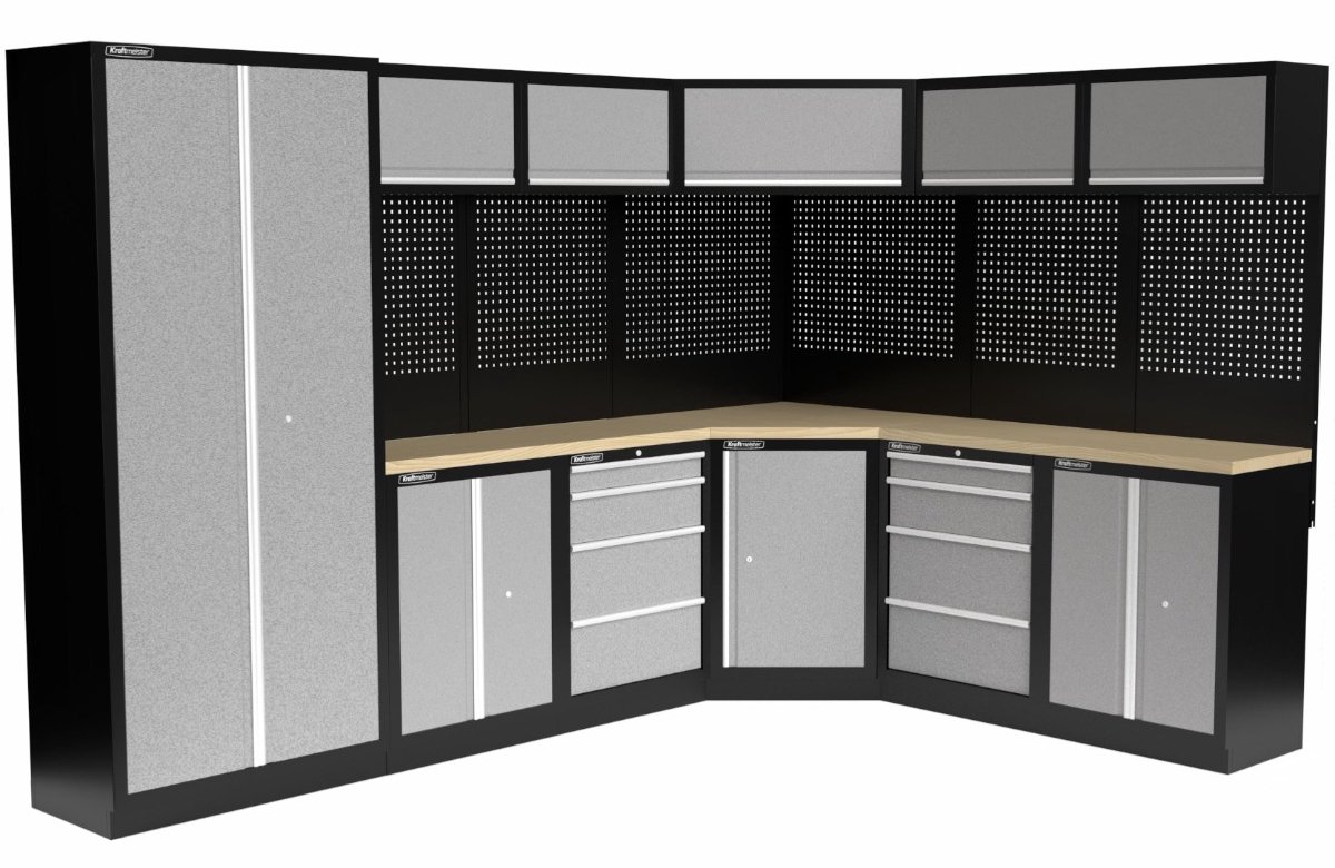 Kraftmeister werkplaatsinrichting - Werkbank met 5 wandkasten, 1 werkplaatskast en multiplex werkblad - Werktafel met 8 laden, 3 opbergkasten en gereedschapswand - Complete set voor werkplaats of garage - Grijs