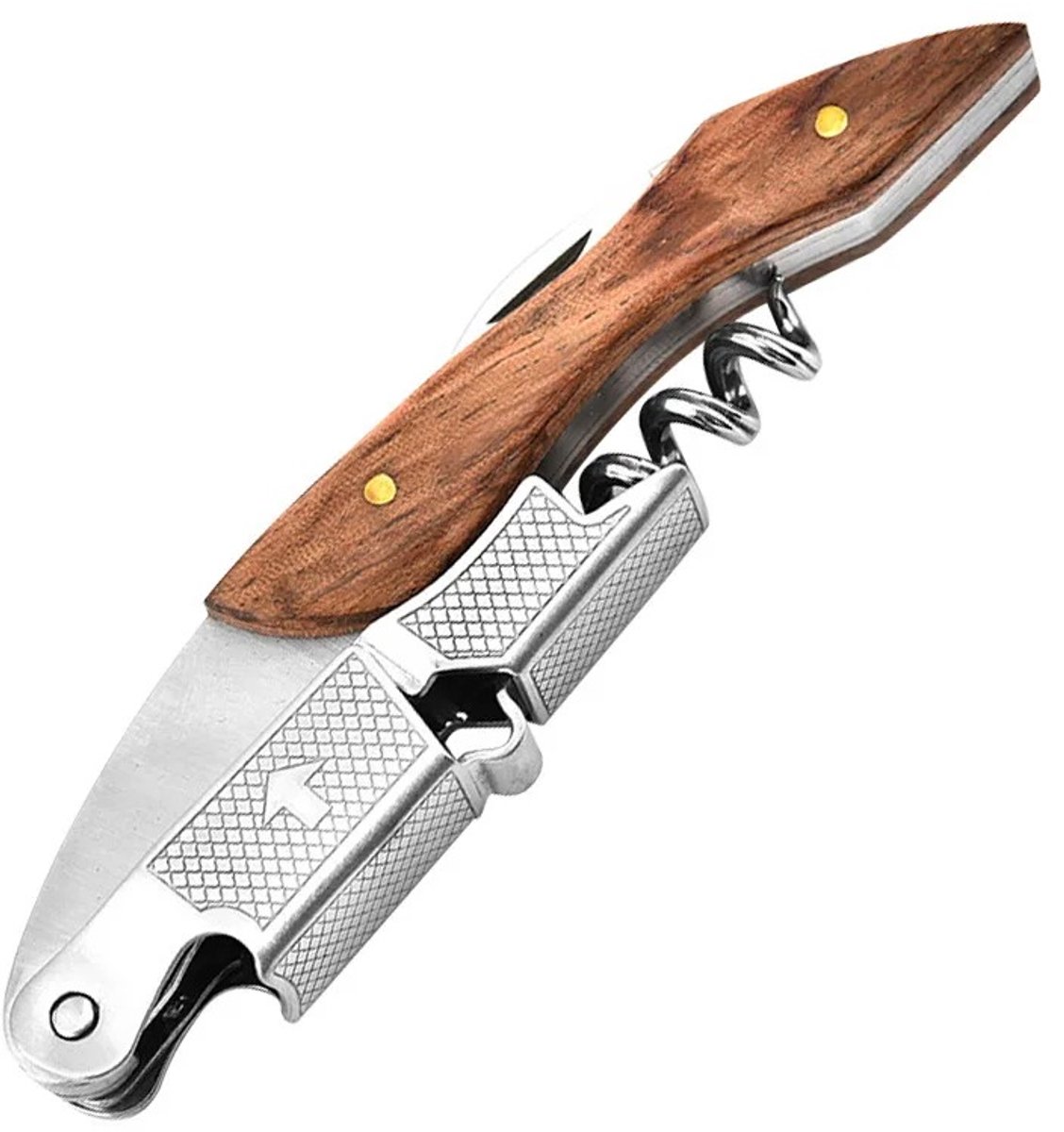 Cherrys Finds - Multifunctionele Opener - Kurkentrekker - 3-in-1 Kurkentrekker - Ober Flesopener - Flessenopener - Foliesnijder - RVS - Houten Handvat - Kurkentrekker Wijn