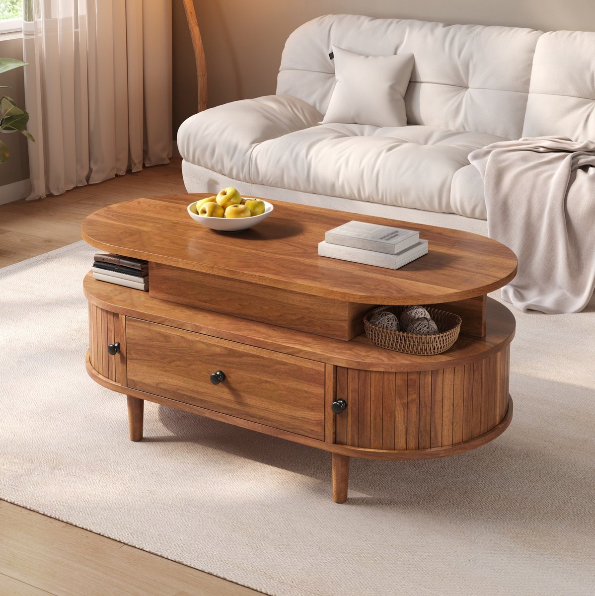 OKWISH Salontafel - Ovaal Hefblad Met Opbergruimte - Voor Woonkamer - MDF Walnoot - 105 x 50 x 60,5 cm