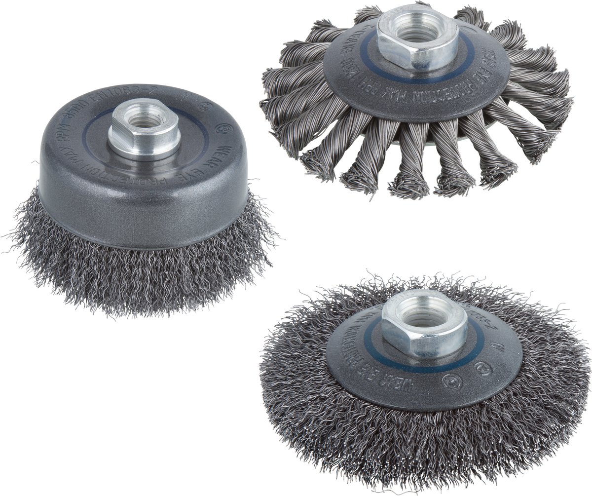 Wolfcraft - Boormachine staaldraad borstelset Ø 100 mm - Staalborstel M14 voor metaal - 3 delig - 2156000