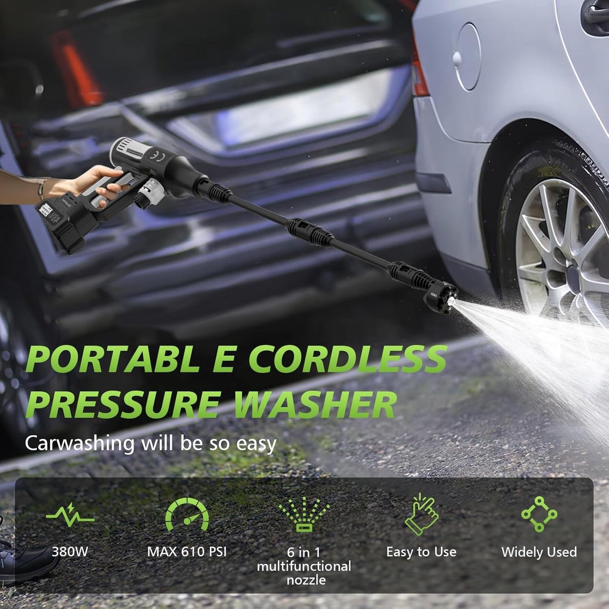 SnelShoppen - Draagbare Hogedrukreiniger 610 PSI, 380W, 6-in-1 Multi-Sproeimondstuk, 4 Reinigingsniveaus, 5m Slang - Ideaal voor Tuin, Camping en Auto