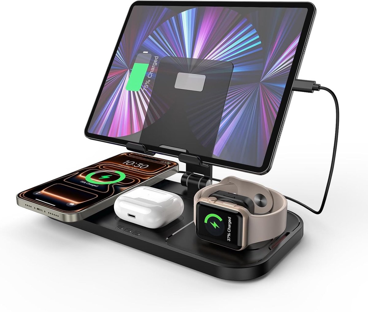Draadloze Oplader, 4-in-1 Oplaadstation voor iPhone, Apple Watch en AirPods, Snelladen en Compatibel met iPad