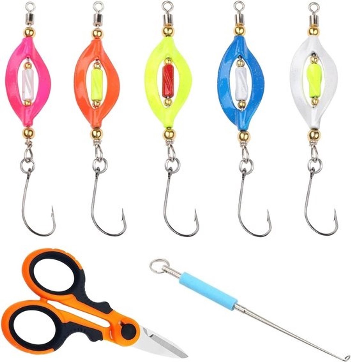 Set van 5 UV-actieve forelaas-twisterspinners 3g met zelfglanzende haak - schaar en haakverwijderaar