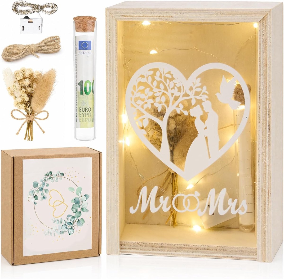 Unieke bruiloftscadeaus voor het bruidspaar, geldgeschenk met gedroogde bloemen, led-lichtketting en reageerbuis, perfect huwelijkscadeau