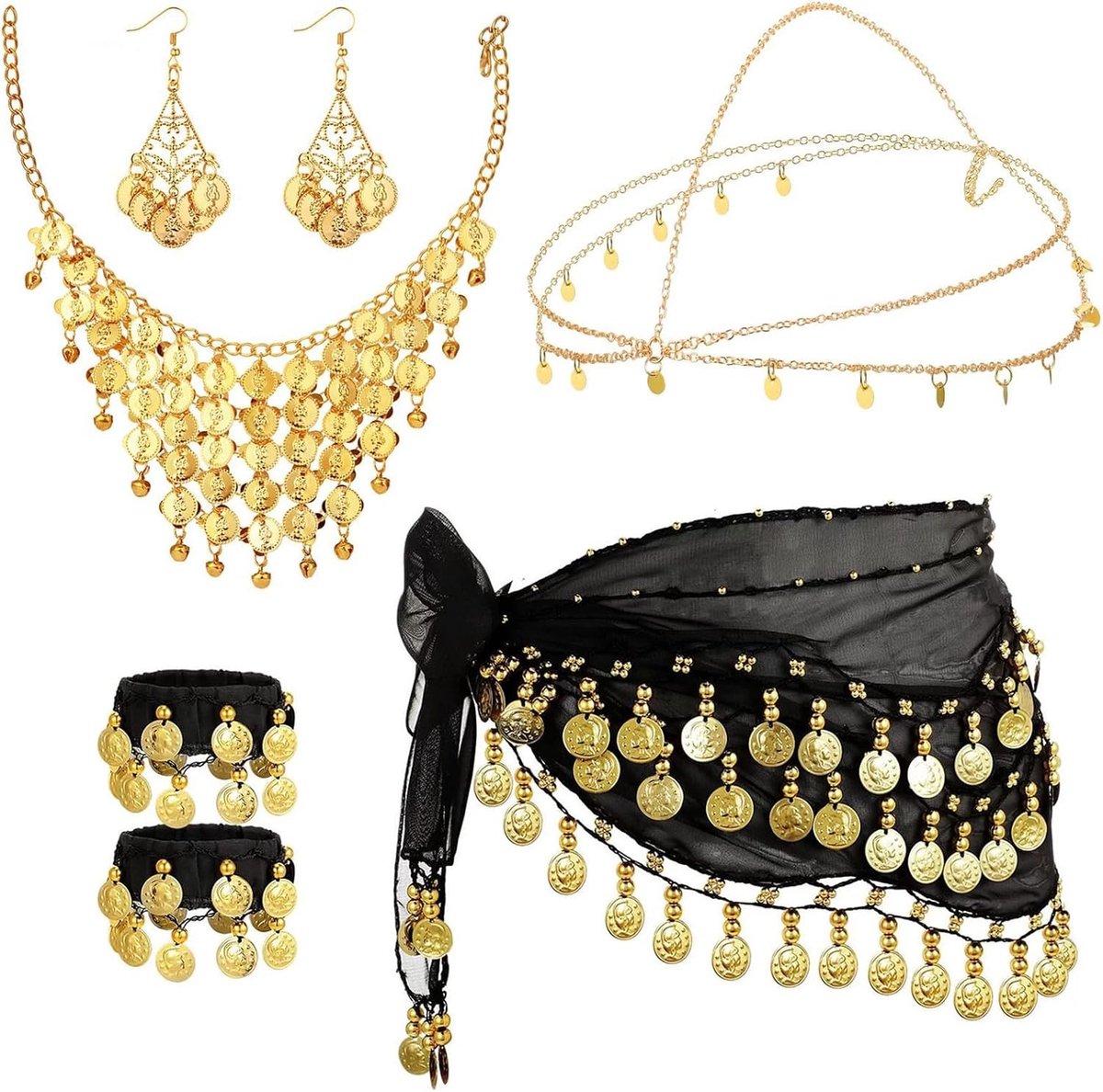Bellydance Kostuum voor Dames met Heupdoek, Gouden Munten, Sieraden en Hoofddeksel voor Feest, Halloween en Carnaval