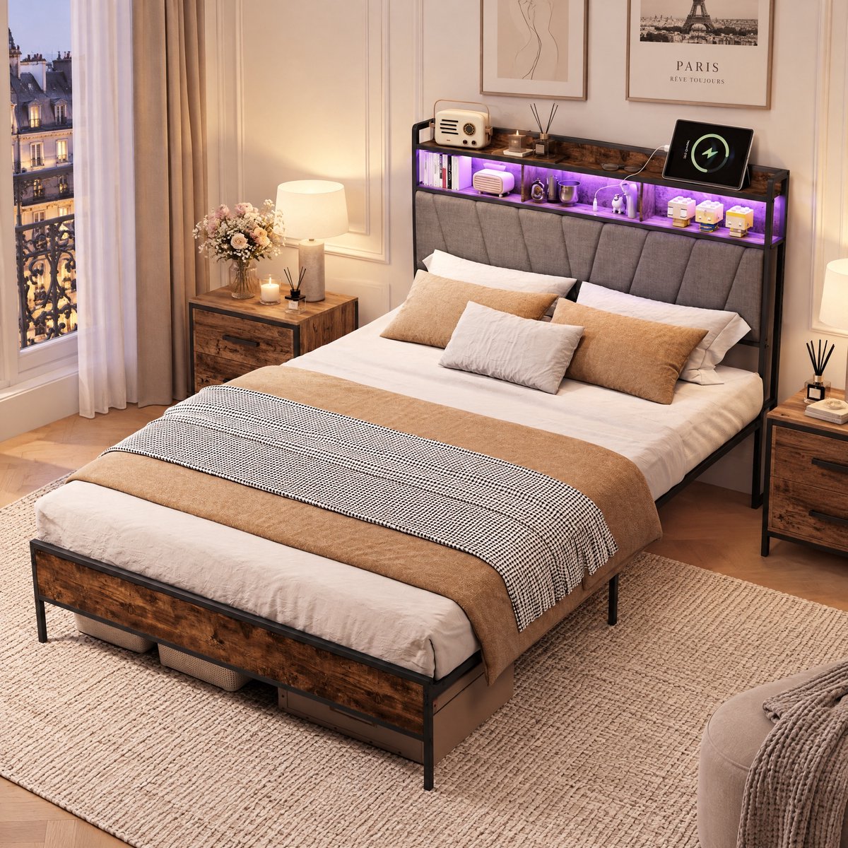 Tweepersoonsbed 140x200 cm met metalen lattenbodem, 2-persoonsbed met ledverlichting en USB-poorten, Gestoffeerd hoofdbord met opbergruimte, Bedframe 140x200, vintage bruin & Grijs