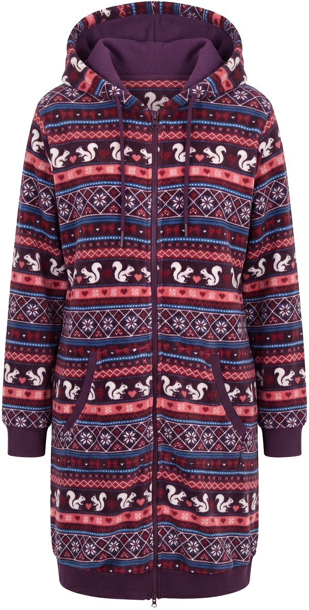 Ulla Popken - Dames - Loungewear-badjas pluche Noors patroon lange mouwen - Donkerpruim - Maat 54+