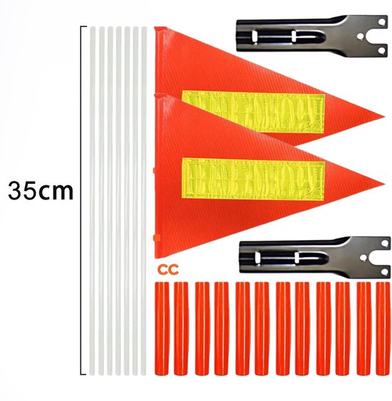 Oranje veiligheidsvlaggen met reflecterende gele band, oranje stokken en bevestigingsbeugels.