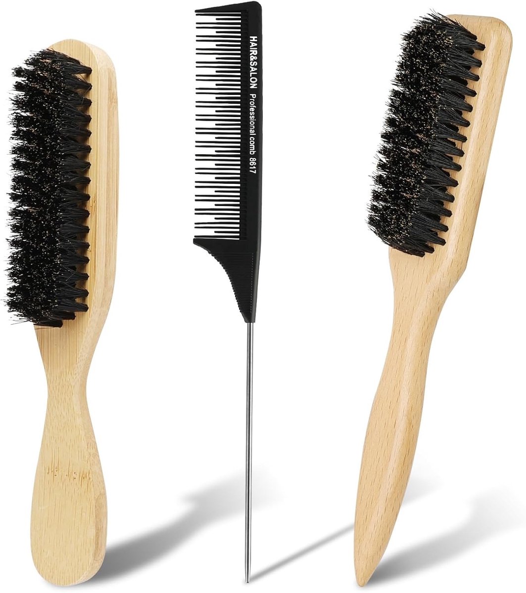 Haar- en Baardborstel met Varkensharen en Houten Kam voor Mannen en Vrouwen, Perfect voor Ontwarren en Stylen van Haar en Baard, Inclusief Zwart Scheidingskam voor Vlechten