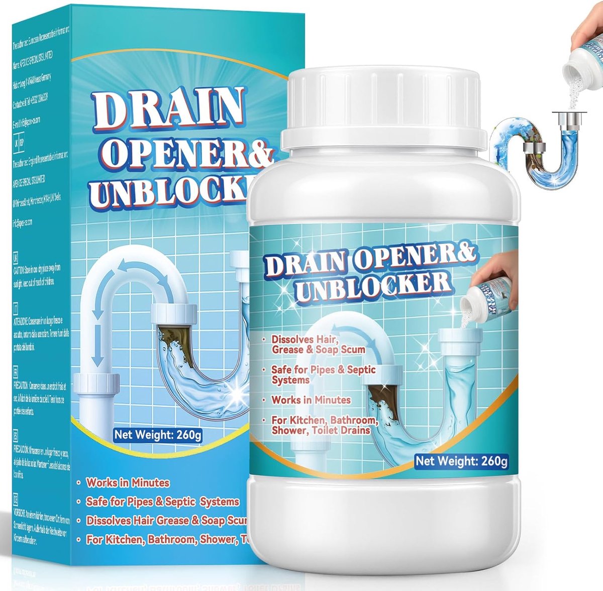 Drain Cleaner Powder 260g, Fast Acting Foaming Drain Cleaner for Kitchen, Bath, Showers and Toilets, Reliably Removes - ShopVlot
